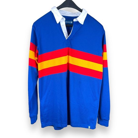 Blue Polo Shirt with Red and Yellow Stripes - Picture 1 of 10